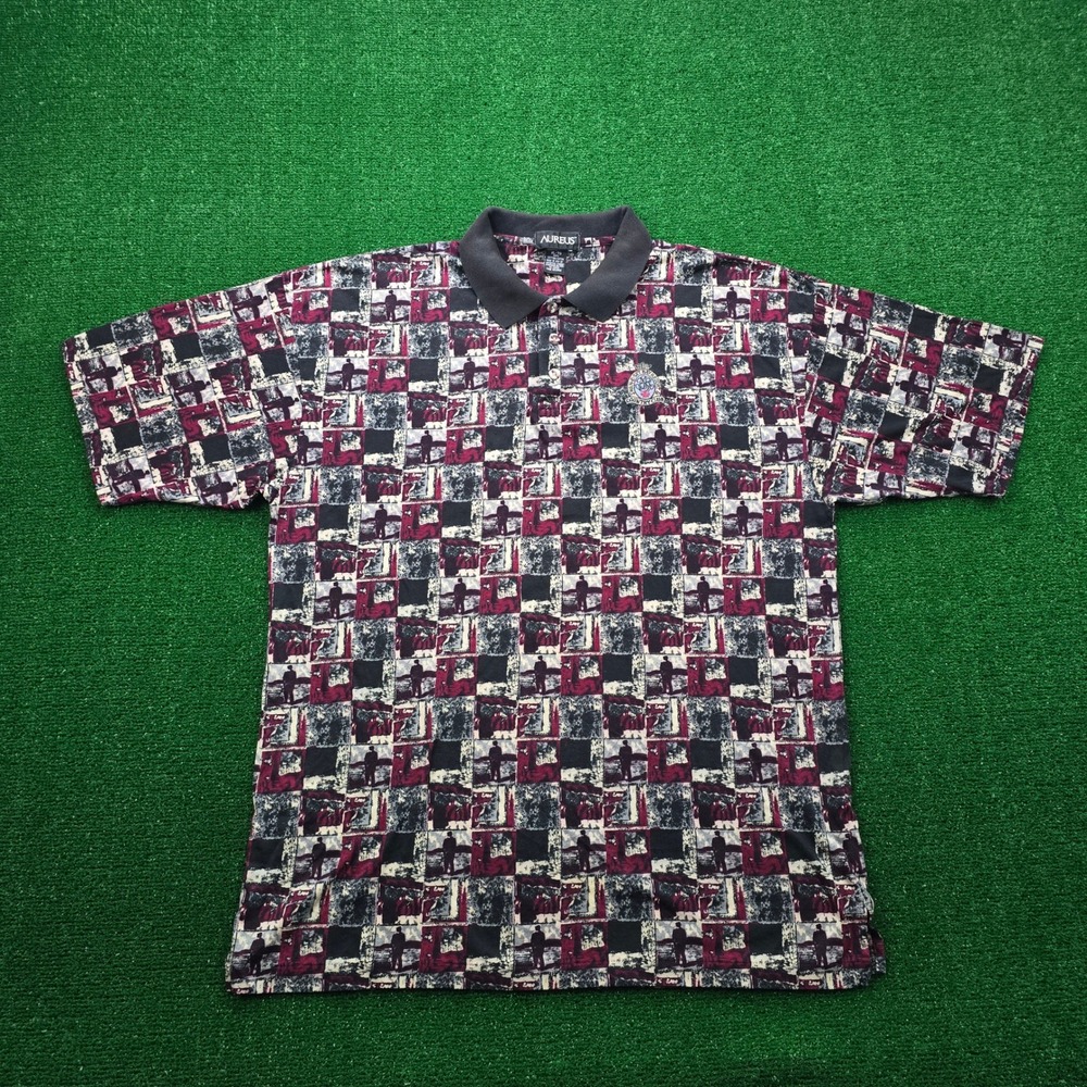 Vintage Aureus Golf Polo Shirt Mens XL‎ Photographic Collage AOP Made In USA 90s